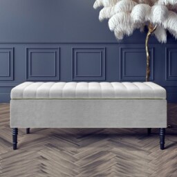 120cm Paris Striped Ottoman Storage Bench - Upholstered Shoes Bench with Black Turned Wooden Legs - Silver Naple Ottoman Bench