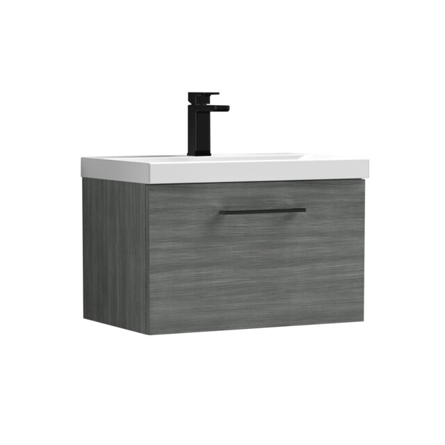 Balterley Wall Hung Bathroom 1 Drawer Vanity Unit and 1 Tap Hole Ceramic Basin, with Handle Grey Anthracite Woodgrain
