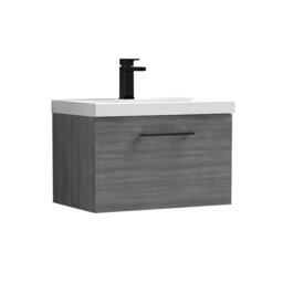 Balterley Wall Hung Bathroom 1 Drawer Vanity Unit and 1 Tap Hole Ceramic Basin, with Handle Grey Anthracite Woodgrain