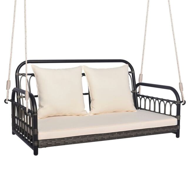 COSTWAY 2-Person Patio Wicker Swing Chair Hanging Bench White