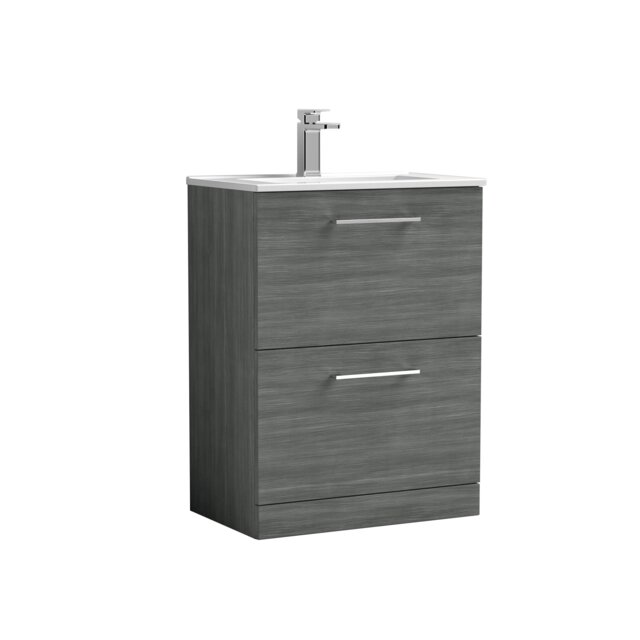 Balterley Contemporary Bathroom 2 Soft Close Drawer & Minimalist Floor Standing Vanity Unit Basin Grey Anthracite Woodgrain 818 x 600 x 390mm