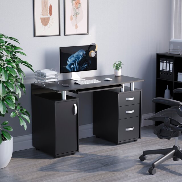 Vida Designs Otley 3 Drawer Computer Desk Home Office Workstation, Black