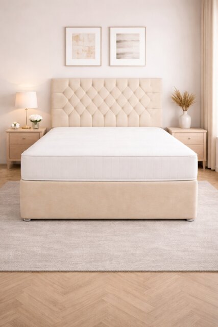 Cream Naples 6FT Superking Divan Bed Set with Memory Mattress and Headboard 2 Drawers One Each Side