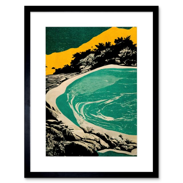 "Beach Lagoon Abstract Jamaica Seascape Mustard Teal 9x7"" Black Framed Wall Art Print"