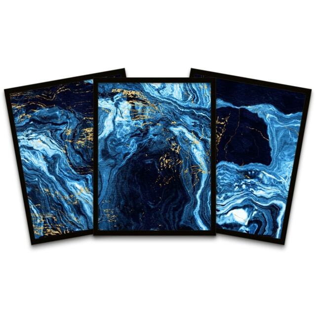 Wall Art Print Abstract Dark Blue Gold Marble Precious Black Framed Pack of 3