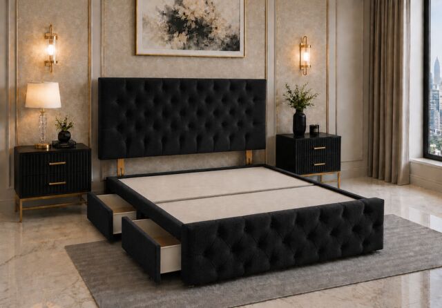 Brooklyn Divan Bed with Upholstered Headboard & Footboard Base - Double Black Naples 2 Drawers Storage Right Side in Bed