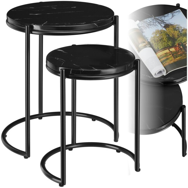 Side Table Ellsa - marble top, steel frame, elegant design - Set of 2 Black