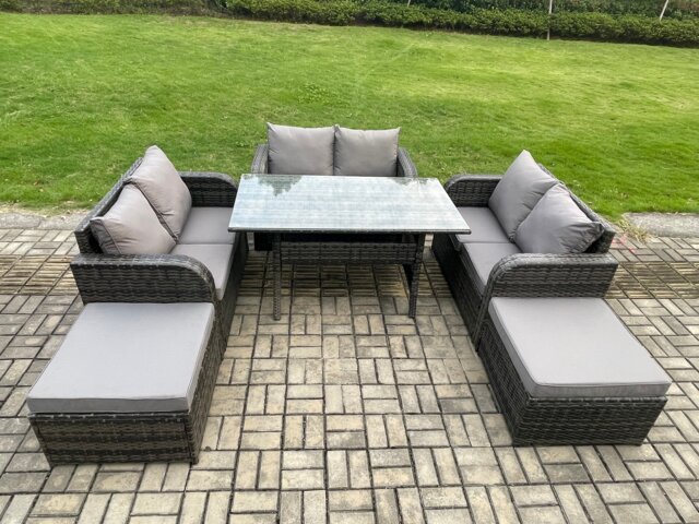Fimous Patio Rattan Garden Furniture Set with Oblong Rectangular Dining Table 2 Big Footstool 8 Seater Outdoor Lounge Loveseat Sofa Set Dark Grey Mixed