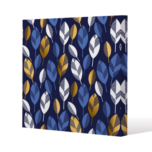 White, Blue & Gold Leaves on Navy Background (Canvas Print) / 127 x 127 x 4cm Multi