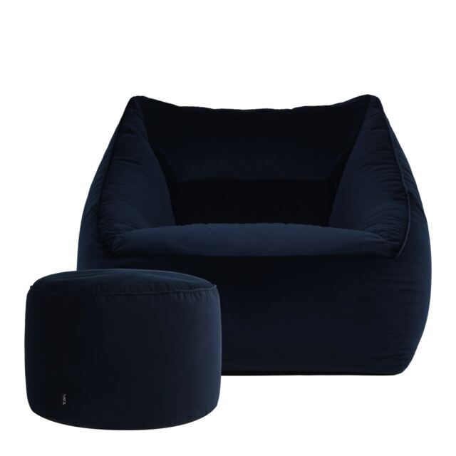 Natalia Velvet Adults Bean Bag Armchair and Pouffe, Ready Filled Large Beanbag and Footstool Midnight Blue Blue Midnight Blue XL 2