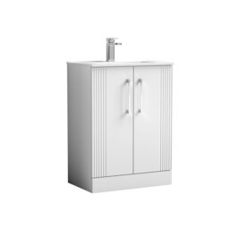 Partial Fluted 2 Door Floor Standing Vanity Unit with 1 Tap Hole Minimalist Basin - 600mm - Satin White White