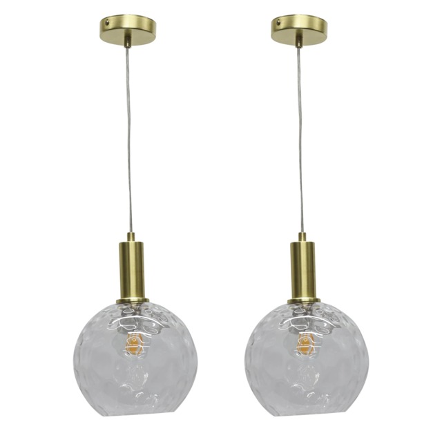 Set of 2 Barnum - Clear Dimple Glass Globe Satin Brass Deco Pendants
