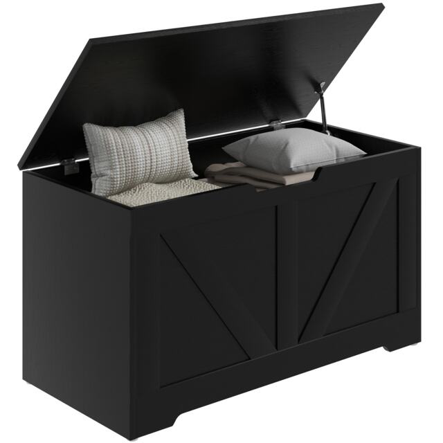 HOMCOM 100L Storage Chest, Storage Trunk with 2 Safety Hinges and U-shaped Cut-out Pull, Organiser Box for Living Room, Entryway, 80 x 40 x 45 cm, Black Wood-Effect Black