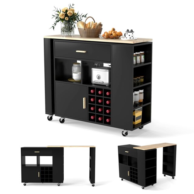COSTWAY 2-in-1 Kitchen Island Bar Table Storage Trolley Black