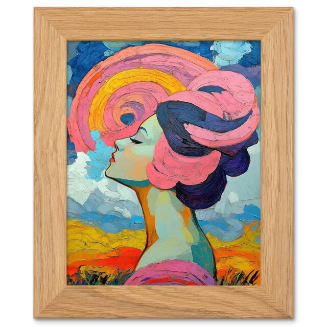 Woman Portrait Sunset Summer Bliss Conceptual Art Oak Wood Framed Wall Print