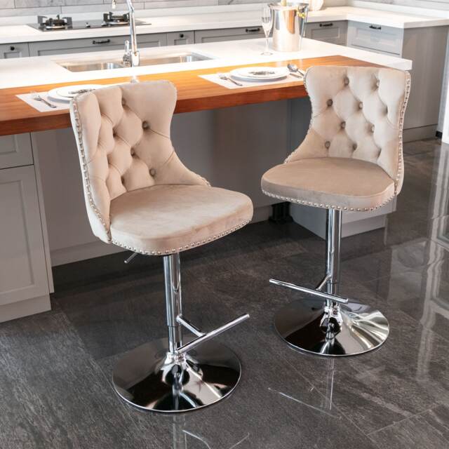 Set of 2 Modern Velvet Bar Stools with Swivel Chrome Base