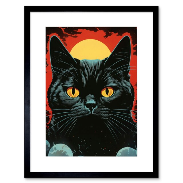 "Shadow of Celestial Black Cat Vintage Pulp 9x7"" Black Framed Wall Art Print"