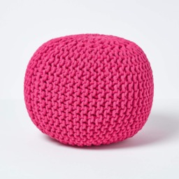 Homescapes Hot Pink Round Cotton Knitted Pouffe Footstool - 35 x 40 cm