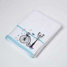 Homescapes Turkish Cotton Embroidered Bicycle White Bath Towel