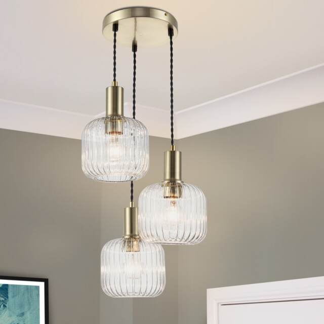 COSYLYTE Maple 3 Light Modern Ribbed Glass Cluster Pendant Light - Brushed Brass Gold Brushed Brass 1
