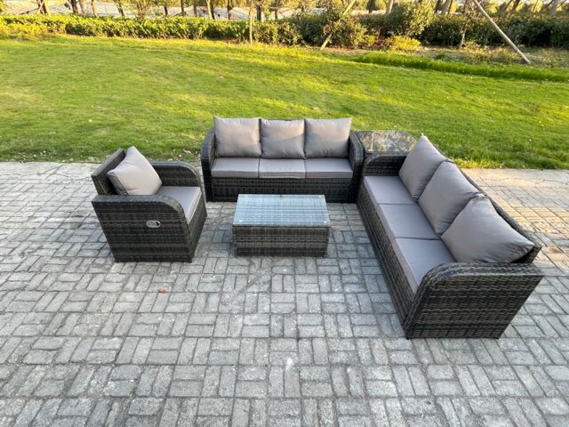 Fimous 7 Seater Rattan Outdoor Garden Furniture Sofa Set Patio Table & Chairs Set with 3 Seater Sofa Reclining Chair 3 Seater Sofa Side Table Dark Grey Mixed