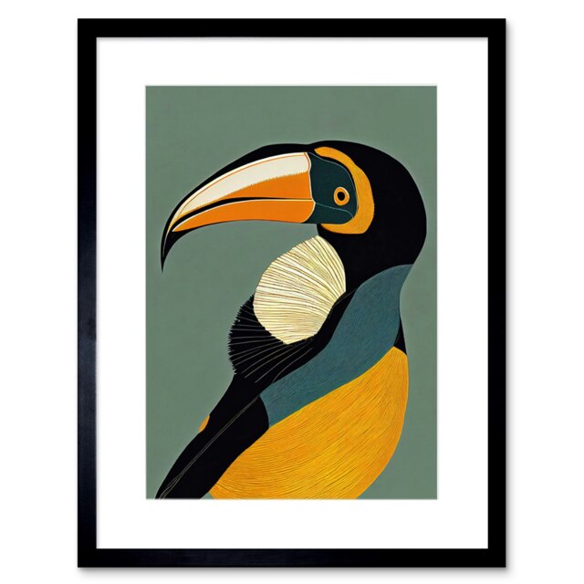 "Keel Billed Toucan Bird Portrait Vintage 9x7"" Black Framed Wall Art Print"