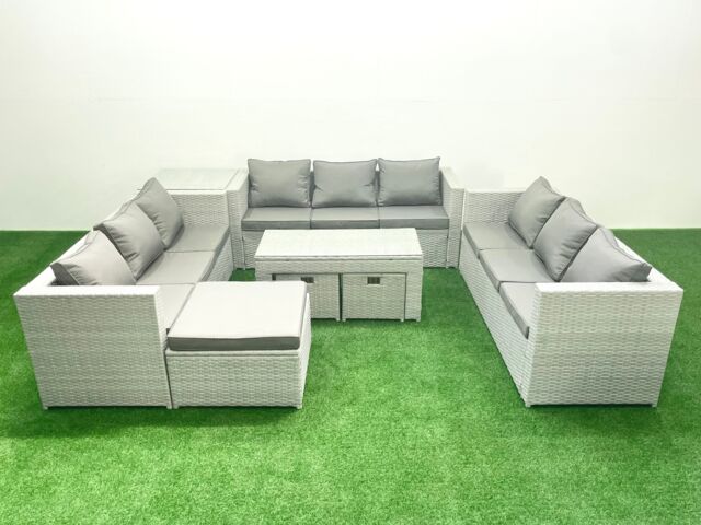 Fimous Rattan Garden Outdoor Furniture Set 12 Seater Garden Sofa Oblong Coffee Table Set with 3 Footstools Side Table Light Grey Mixed