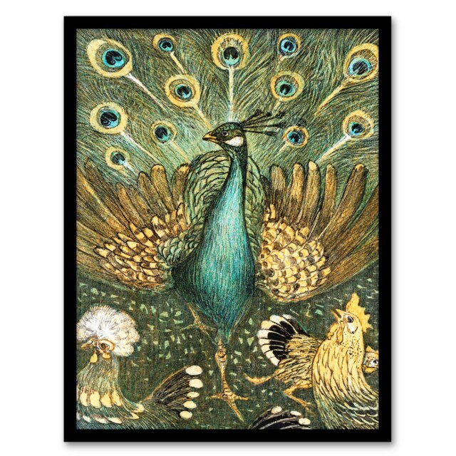 Theo van Hoytema Framed Wall Art Print Peacock with Hens Painting Home Décor