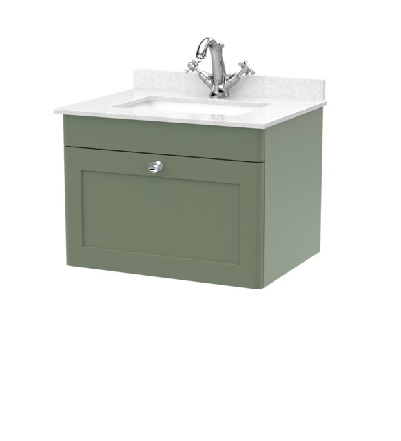 Balterley Swynnerton Traditional 1 Drawer Wall Hung Vanity Unit with Marble Basin, Satin Green, 600mm