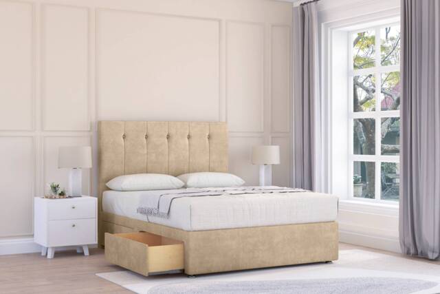"Sloomy Highbury Almond Coniston Divan Bed With Mattress 2 Drawers Same Side With 54"" Floor Standing Headboard 4'6 Double Cream Almond Double 1"