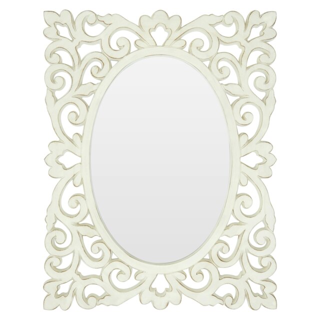 White Rococo Wall Mirror With Symmetrical Design,Accent Mirror With Weathered Edges,Oval Mirror For Bedroom White