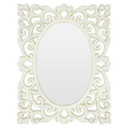 White Rococo Wall Mirror With Symmetrical Design,Accent Mirror With Weathered Edges,Oval Mirror For Bedroom White