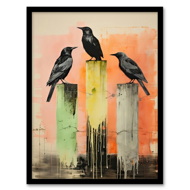 Three Craws Sitting On a Pier Pink Green Yellow Crows Black Framed Wall Art Print A4