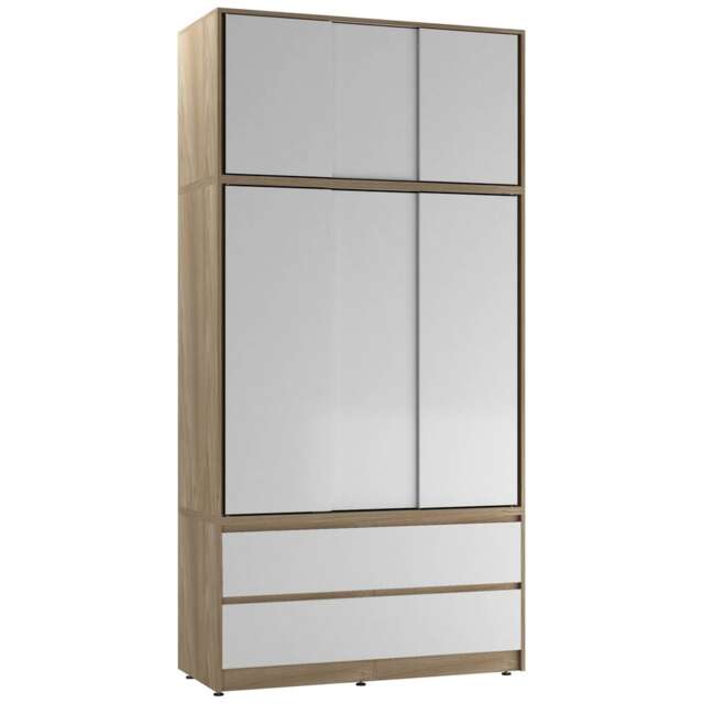 120cm 3 Sliding Doors Children Kids Wardrobe Bedroom Storage Closet Hanging Rail Multi Oak with White Doors 1