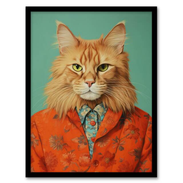Maine Coon Ginger Pet Cat Portrait Fun Home Decor Black Framed Wall Art Print A4
