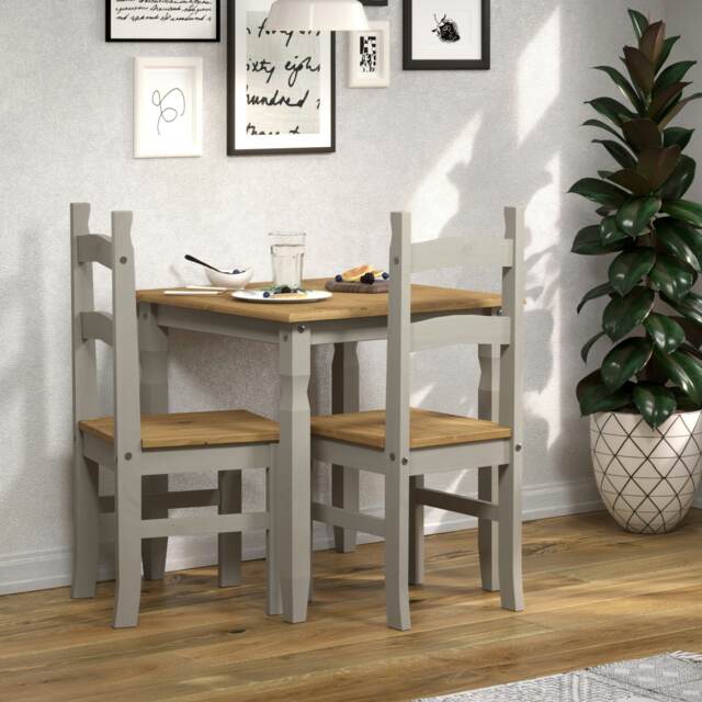 Premium Corona Square Dining Set with Table and 2 Chairs in Grey or Brown Waxed Pine - Solid Wood Grey Grey 1