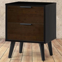 Walnut Oak and Matt Black 2 Drawer Bedside Table