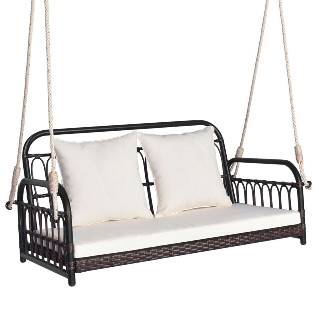COSTWAY 2-Person Patio Wicker Swing Chair Hanging Bench w/Cushions White