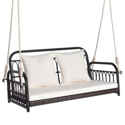 COSTWAY 2-Person Patio Wicker Swing Chair Hanging Bench w/Cushions White