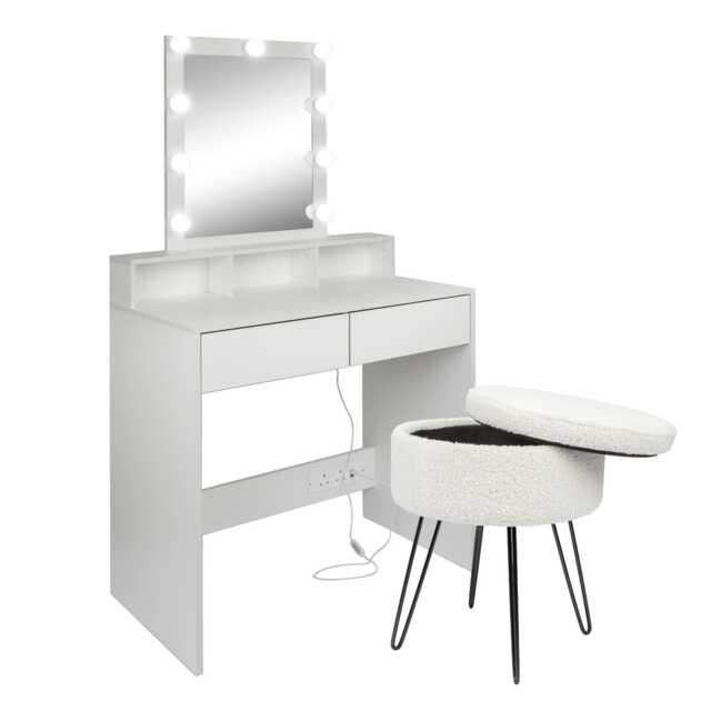 Harbour Housewares Wooden Dressing Table Set with LED Lights & Cream Stool - White White White/Cream