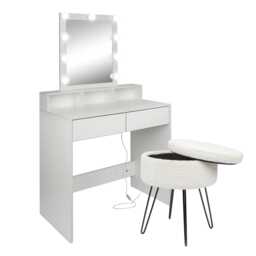 Harbour Housewares Wooden Dressing Table Set with LED Lights & Cream Stool - White White White/Cream