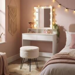 Harbour Housewares Wooden Dressing Table Set with LED Lights & Cream Stool - White White White/Cream