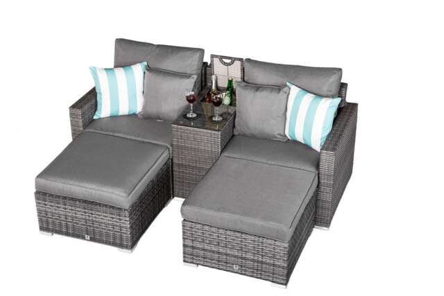 Havana 2 Seat Modular Sofa Rattan Garden Balcony Furniture Set Outdoor Drinks Cooler Table & 2 Ottomans Grey Grey Two Seater