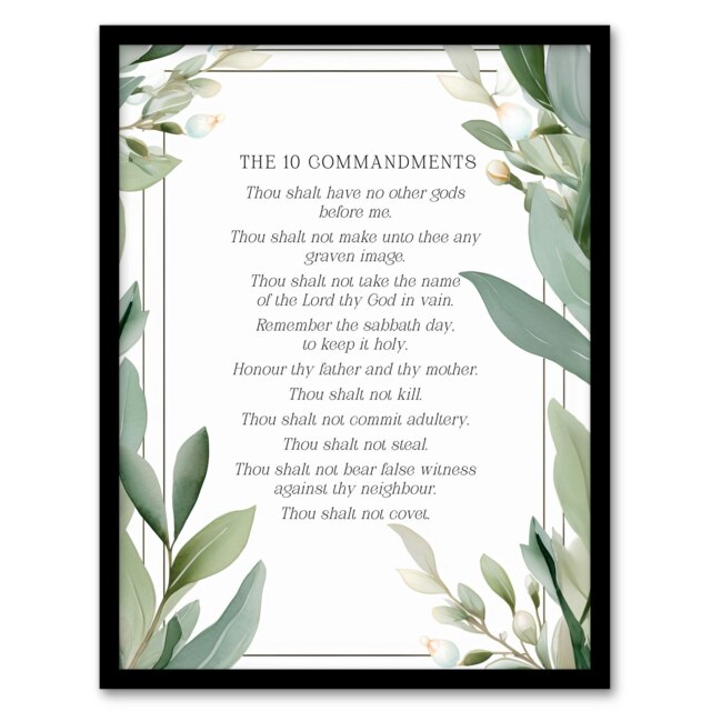 10 Ten Commandments Green Exodus Jesus Bible Quote Black Framed Wall Art Print A4