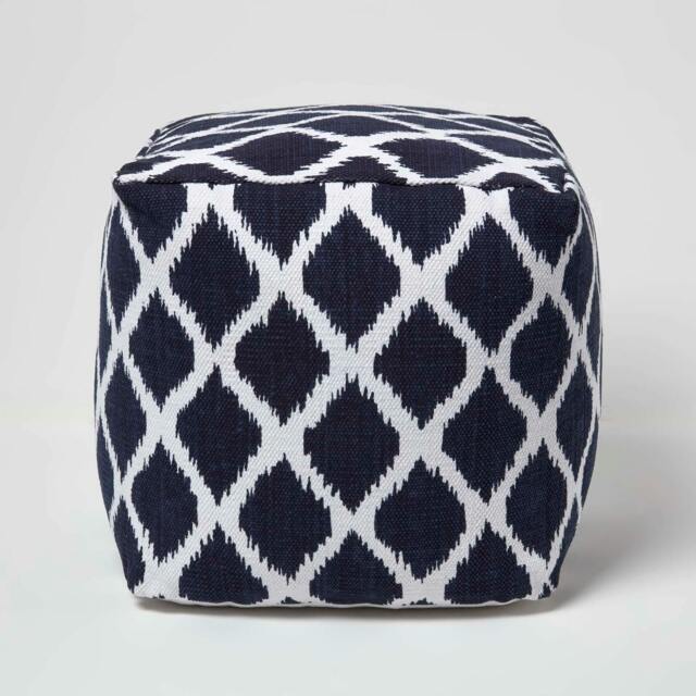 Homescapes Small Ikat Design Blue and Natural Colour Square Bean Filled Pouffe