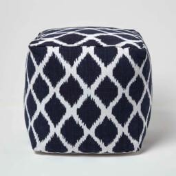 Homescapes Small Ikat Design Blue and Natural Colour Square Bean Filled Pouffe