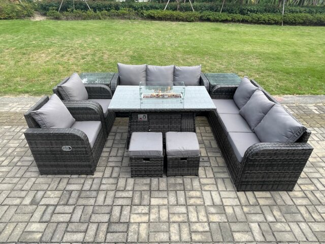 Fimous Wicker Rattan Garden Furniture Set Gas Fire Pit Dining Table Indoor Outdoor with 2 Side Tables Chair Loveseat Sofa 2 Small Footstools