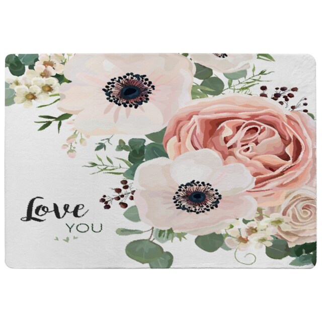 Garden Flower, Pink Peach Rose, White Anemone Designer Rug Multi