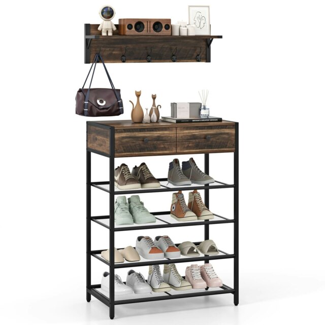 COSTWAY Console Table With Coat Rack Shoe Stand Brown