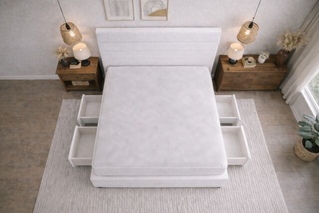 Divan Bed Set Headboard and Footboard with Mattress 2ft6 Small Single White Suede Storage 2 Drawers Left Side Laying in Bed